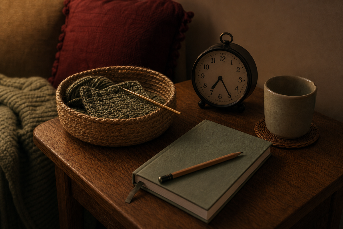 A crochet basket, journal and analog clock prepared for three analog Sunday rituals