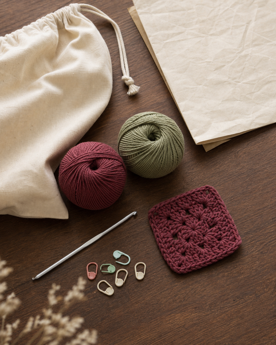 A beginner crochet kit arranged for Needlecraft and Fiber Arts