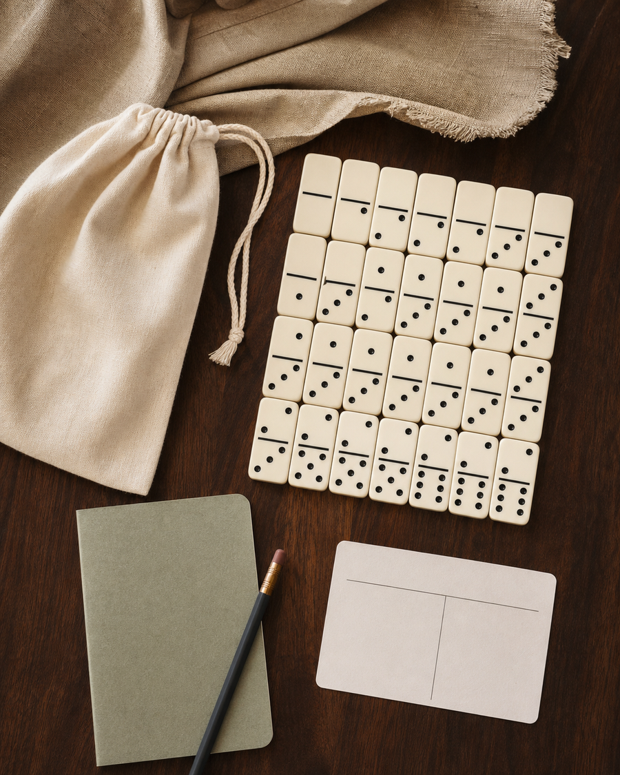 A domino and scorebook set arranged for Parlor Games and Puzzles