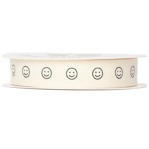 Custom Herringbone Cotton Ribbon, Natural 5/8 Inch Gift Ribbon with Smiley Face Print, 10 Yards