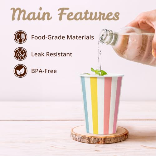 12 fl oz Disposable Paper Cups, Pastel Rainbow Parade Gingham Design, Leak-Resistant for Hot & Cold Beverages, Bulk 100-Pack for Parties, Restaurants & Offices - view 6