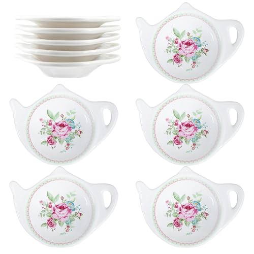 Floral Tea Bag Holder Tea Porcelain Accessories Teapot Shaped Tea Bag Coaster Resting Caddy Saucer 4 Inch/10cm-Sunflower and Daisy Pattern-Set of 10 - view 5