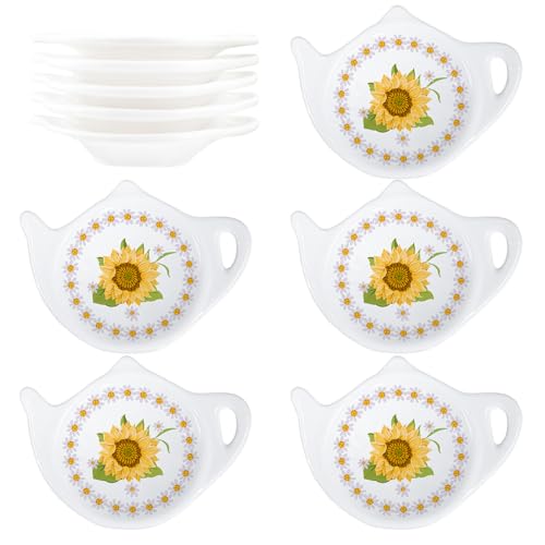 Floral Tea Bag Holder Tea Porcelain Accessories Teapot Shaped Tea Bag Coaster Resting Caddy Saucer 4 Inch/10cm-Sunflower and Daisy Pattern-Set of 10
