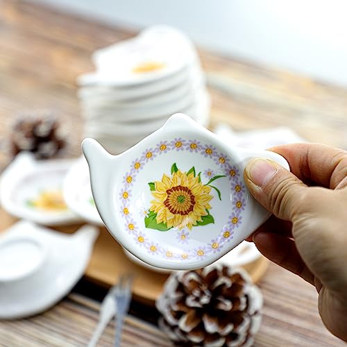 Floral Tea Bag Holder Tea Porcelain Accessories Teapot Shaped Tea Bag Coaster Resting Caddy Saucer 4 Inch/10cm-Sunflower and Daisy Pattern-Set of 10 - view 2