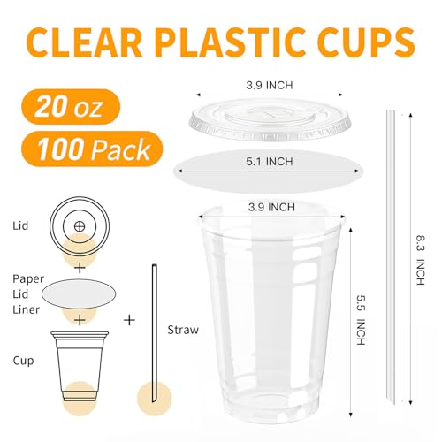 100 Pack 20 oz Clear Ice Coffee Cups with Lids and Straws | Leak-Proof disposable cups with lids and straws for ice coffee, smoothies, milkshakes and dirty soda bar supplies - view 4
