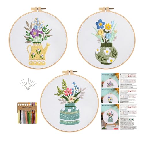 3 Sets Embroidery Starter Kit with Pattern and Instructions, Cross Stitch Set, Stamped Embroidery Kits with 3 Embroidery Clothes with Pattern, 1 Embroidery Hoop(Sunflower) - view 8
