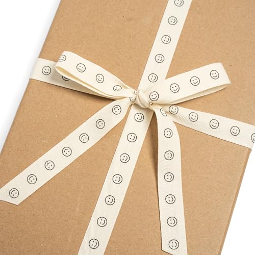 Custom Herringbone Cotton Ribbon, Natural 5/8 Inch Gift Ribbon with Smiley Face Print, 10 Yards - view 2