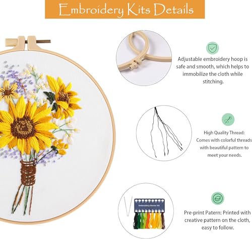 3 Sets Embroidery Starter Kit with Pattern and Instructions, Cross Stitch Set, Stamped Embroidery Kits with 3 Embroidery Clothes with Pattern, 1 Embroidery Hoop(Sunflower) - view 4