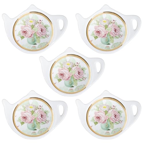 Floral Tea Bag Holder Tea Porcelain Accessories Teapot Shaped Tea Bag Coaster Resting Caddy Saucer 4 Inch/10cm-Sunflower and Daisy Pattern-Set of 10 - view 4