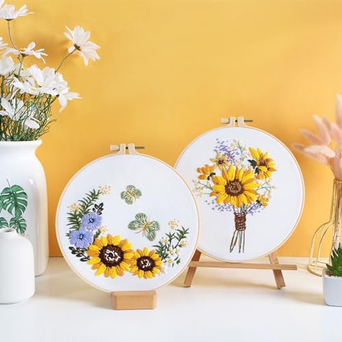 3 Sets Embroidery Starter Kit with Pattern and Instructions, Cross Stitch Set, Stamped Embroidery Kits with 3 Embroidery Clothes with Pattern, 1 Embroidery Hoop(Sunflower) - view 5