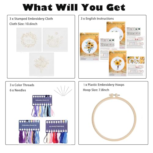 3 Sets Embroidery Starter Kit with Pattern and Instructions, Cross Stitch Set, Stamped Embroidery Kits with 3 Embroidery Clothes with Pattern, 1 Embroidery Hoop(Sunflower) - view 3