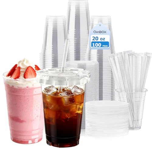 100 Pack 20 oz Clear Ice Coffee Cups with Lids and Straws | Leak-Proof disposable cups with lids and straws for ice coffee, smoothies, milkshakes and dirty soda bar supplies