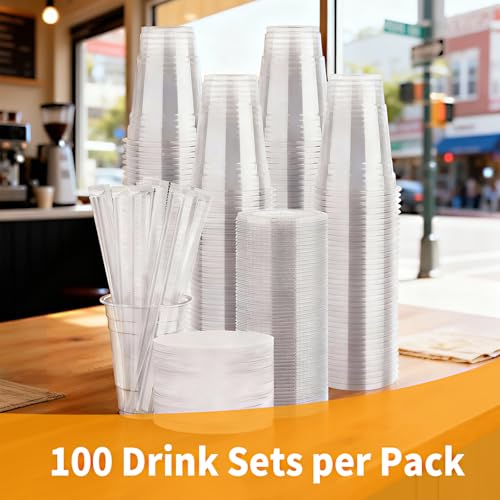 100 Pack 20 oz Clear Ice Coffee Cups with Lids and Straws | Leak-Proof disposable cups with lids and straws for ice coffee, smoothies, milkshakes and dirty soda bar supplies - view 6
