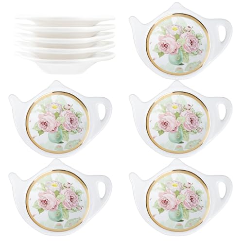 Floral Tea Bag Holder Tea Porcelain Accessories Teapot Shaped Tea Bag Coaster Resting Caddy Saucer 4 Inch/10cm-Sunflower and Daisy Pattern-Set of 10 - view 6