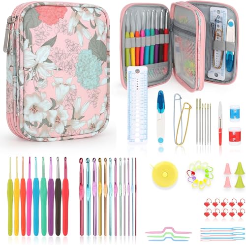Crochet Hooks Set with Case, 73-Piece Crochet Hooks Kit Knitting Accessories Ergonomic Aluminum Alloy Crochet Hook Colorful Crochet Needles for Making Socks, Gloves, Bag, Hat, Sweaters