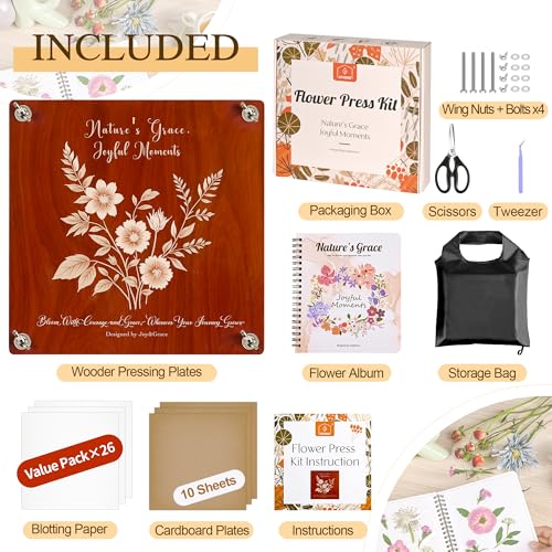 Large Flower Press Kit for Adults with Designed Cover and DIY Album, 10.9" x 10.9" 10 Layers Plant Press and Plant Drying Toolkit, Flower Preservation Kit (Color Box, Mahogany Color) - view 3