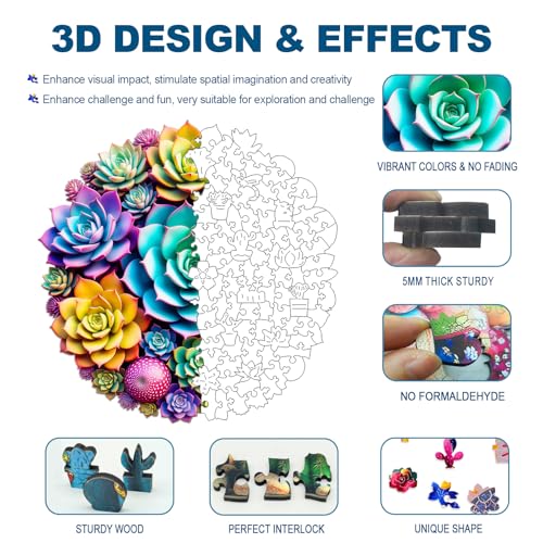 Wooden Puzzles for Adults, Succulent Plants 200 Piece Unique Shaped Wood Puzzle, Creative Wooden Jigsaw Puzzle Gift, Family Game, Wall Art Decor, 11 x 11 Inch - view 3