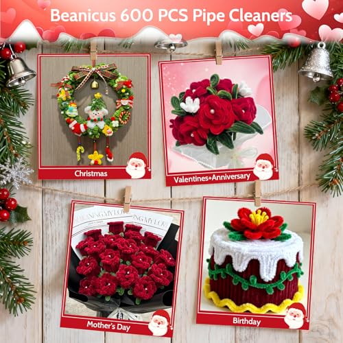 Christmas Pipe Cleaners, Green and Red, Rose Pipe Cleaner Flowers, 600 PCS - view 6