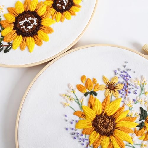 3 Sets Embroidery Starter Kit with Pattern and Instructions, Cross Stitch Set, Stamped Embroidery Kits with 3 Embroidery Clothes with Pattern, 1 Embroidery Hoop(Sunflower) - view 7