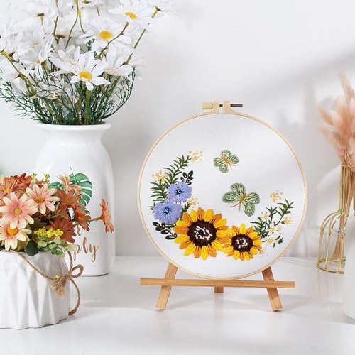 3 Sets Embroidery Starter Kit with Pattern and Instructions, Cross Stitch Set, Stamped Embroidery Kits with 3 Embroidery Clothes with Pattern, 1 Embroidery Hoop(Sunflower) - view 6