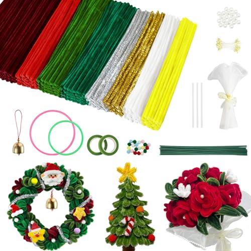 Christmas Pipe Cleaners, Green and Red, Rose Pipe Cleaner Flowers, 600 PCS