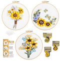3 Sets Embroidery Starter Kit with Pattern and Instructions, Cross Stitch Set, Stamped Embroidery Kits with 3 Embroidery Clothes with Pattern, 1 Embroidery Hoop(Sunflower)