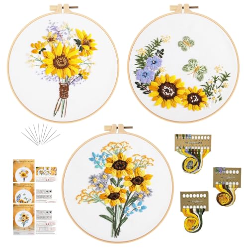 3 Sets Embroidery Starter Kit with Pattern and Instructions, Cross Stitch Set, Stamped Embroidery Kits with 3 Embroidery Clothes with Pattern, 1 Embroidery Hoop(Sunflower)