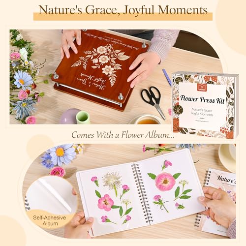 Large Flower Press Kit for Adults with Designed Cover and DIY Album, 10.9" x 10.9" 10 Layers Plant Press and Plant Drying Toolkit, Flower Preservation Kit (Color Box, Mahogany Color) - view 6