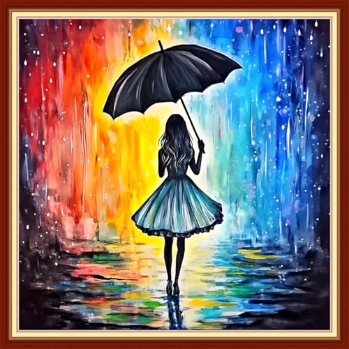 Stamped Cross Stitch Kits Embroidery kit for Beginners Adults Full Range of Embroidery Patterns Starter Kits DIY Printed Cross Stitch Kits Needlepoint Kits 11CT-Umbrella Girl 18x18 inchs