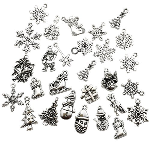 75 pcs Mixed Craft Supplies Christmas Tree Snowflakes Deer Bell Stocking Charms Pendants for Crafting Jewelry Findings Making Accessory For DIY Necklace Bracelet (M041)