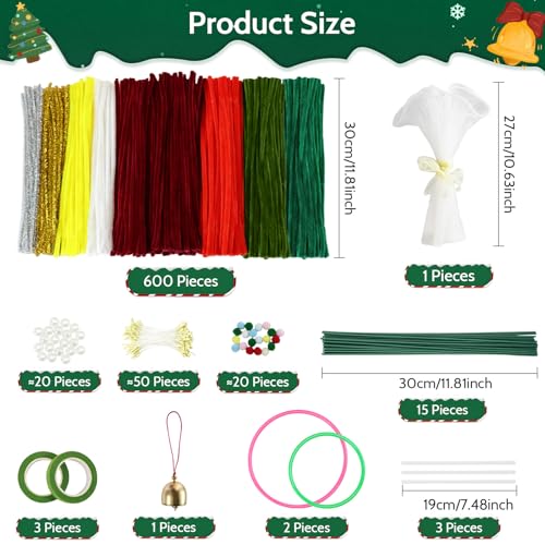 Christmas Pipe Cleaners, Green and Red, Rose Pipe Cleaner Flowers, 600 PCS - view 2