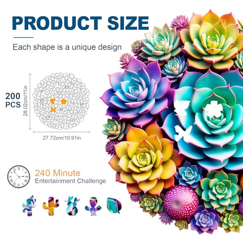 Wooden Puzzles for Adults, Succulent Plants 200 Piece Unique Shaped Wood Puzzle, Creative Wooden Jigsaw Puzzle Gift, Family Game, Wall Art Decor, 11 x 11 Inch - view 2