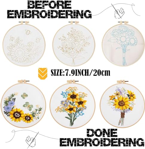 3 Sets Embroidery Starter Kit with Pattern and Instructions, Cross Stitch Set, Stamped Embroidery Kits with 3 Embroidery Clothes with Pattern, 1 Embroidery Hoop(Sunflower) - view 2