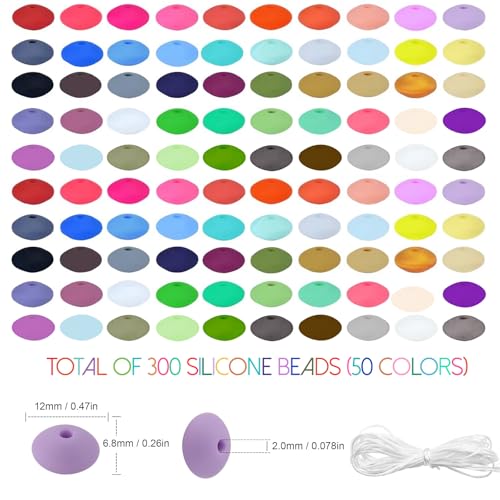 300Pcs Silicone Lentil Beads 12mm 50 Colors Bulk Abacus Loose Spacer Colorful Lanyard for Jewelry Bracelet Necklace Keychain Craft Making - view 2