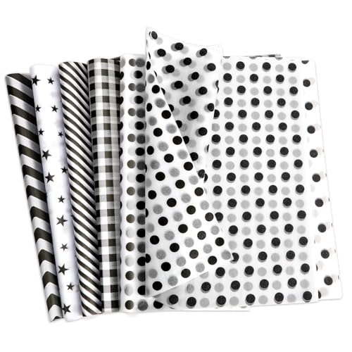 100 Sheets Black White Tissue Paper, Star Dots Stripes Waves Print