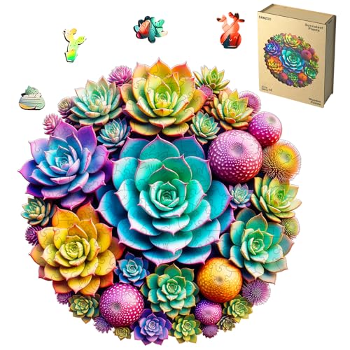 Wooden Puzzles for Adults, Succulent Plants 200 Piece Unique Shaped Wood Puzzle, Creative Wooden Jigsaw Puzzle Gift, Family Game, Wall Art Decor, 11 x 11 Inch