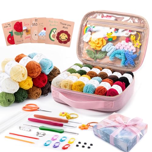Crochet Kit for Beginners, Complete Starter Set with Yarn, Ergonomic Crochet Hooks, Needles, Crochet Accessories and Suppliers for Crochet Beginner Projects, Knitting Kit for Adult