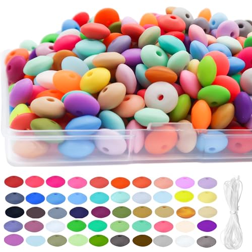 300Pcs Silicone Lentil Beads 12mm 50 Colors Bulk Abacus Loose Spacer Colorful Lanyard for Jewelry Bracelet Necklace Keychain Craft Making