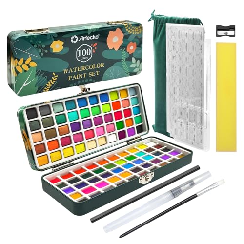 100 Colors Watercolor Paint Set with Metallics, Portable Tin Case