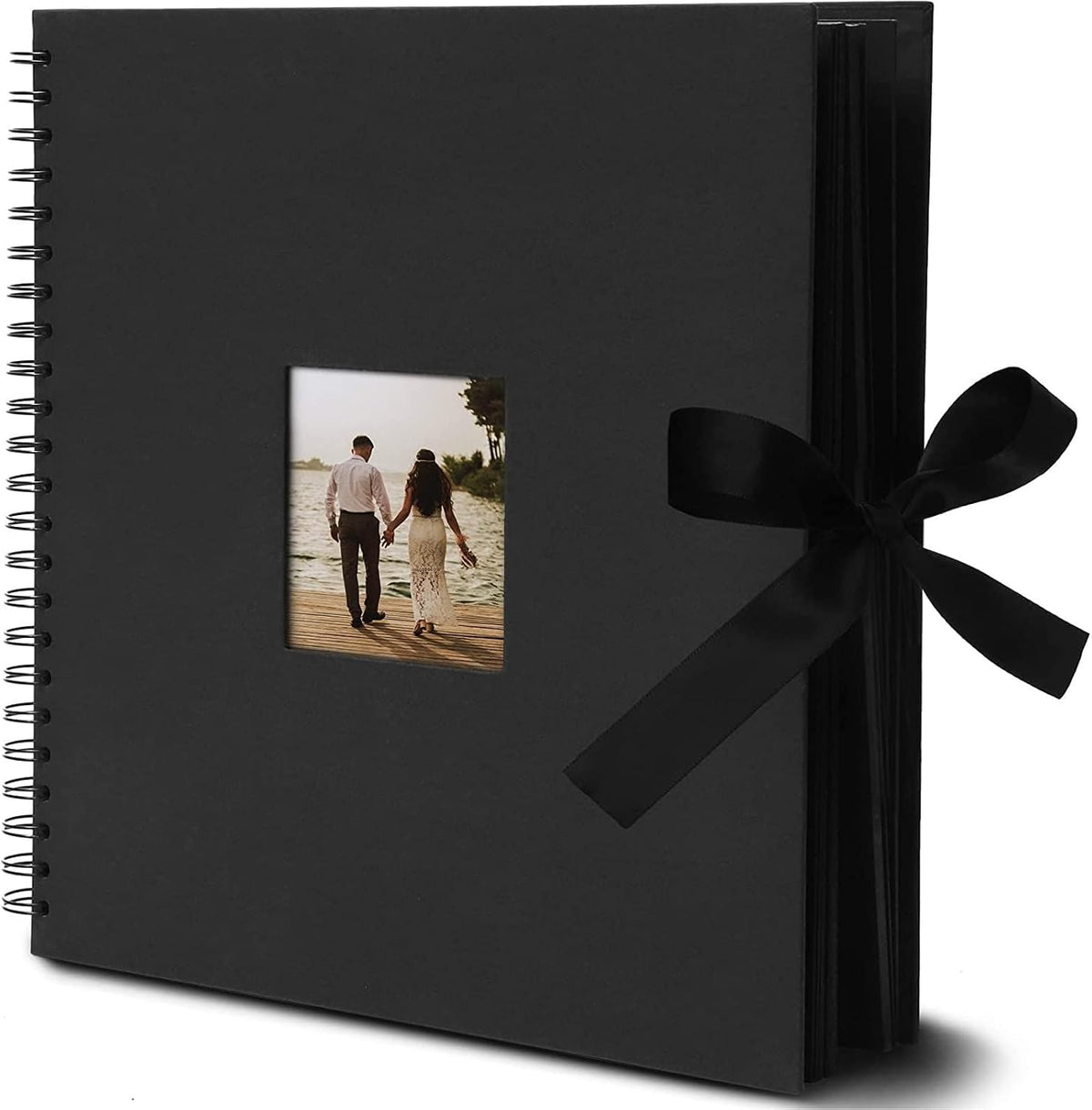 Spiral-Bound Scrapbook Album - Silk Ribbon Cover for Wedding Scrapbook - Durable Hardcover Black Paper Photo Albums - Complete Scrapbooking Supplies Kit, 80 Pages - 12.25 x 12.25 in, Black