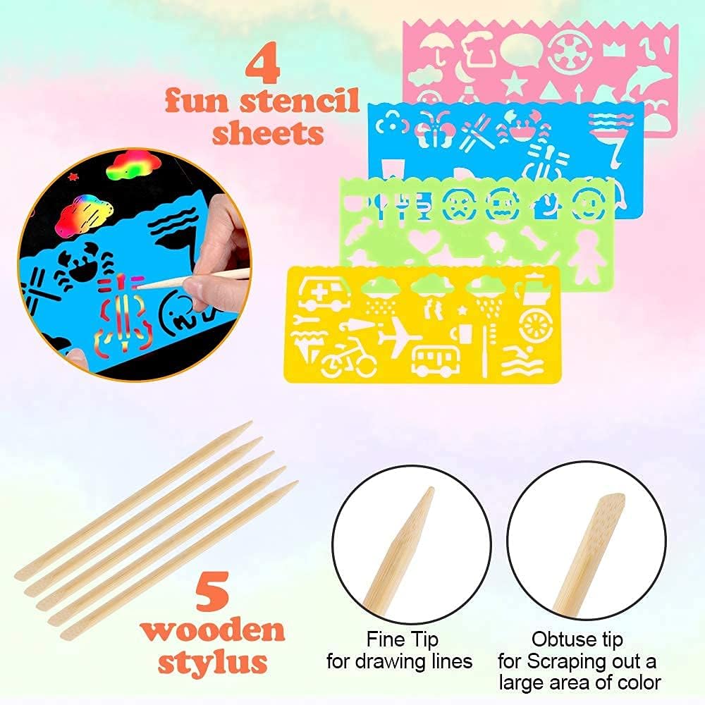 60 PCS Rainbow Scratch Art Paper for Kids, Magic Scratch Paper Off Set Art and Craft Supplies, Black Scratch Pads Party Game Activities Birthday Gifts for Girls Boys 3 4 5 6 7 8 9 Years Old - view 7