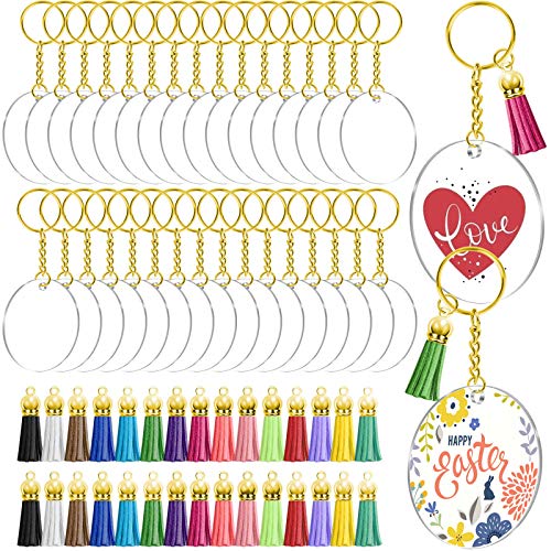 Blank Keychain Set, 120pcs Including Acrylic Discs, Tassels, Gold Keychains and Jump Rings for DIY Craft Kit