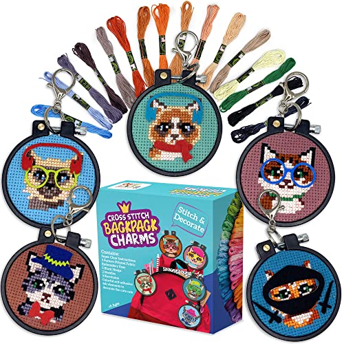 Cats Cross Stitch Kits for Kids - 5 Stamped Beginner Needlepoint Sets