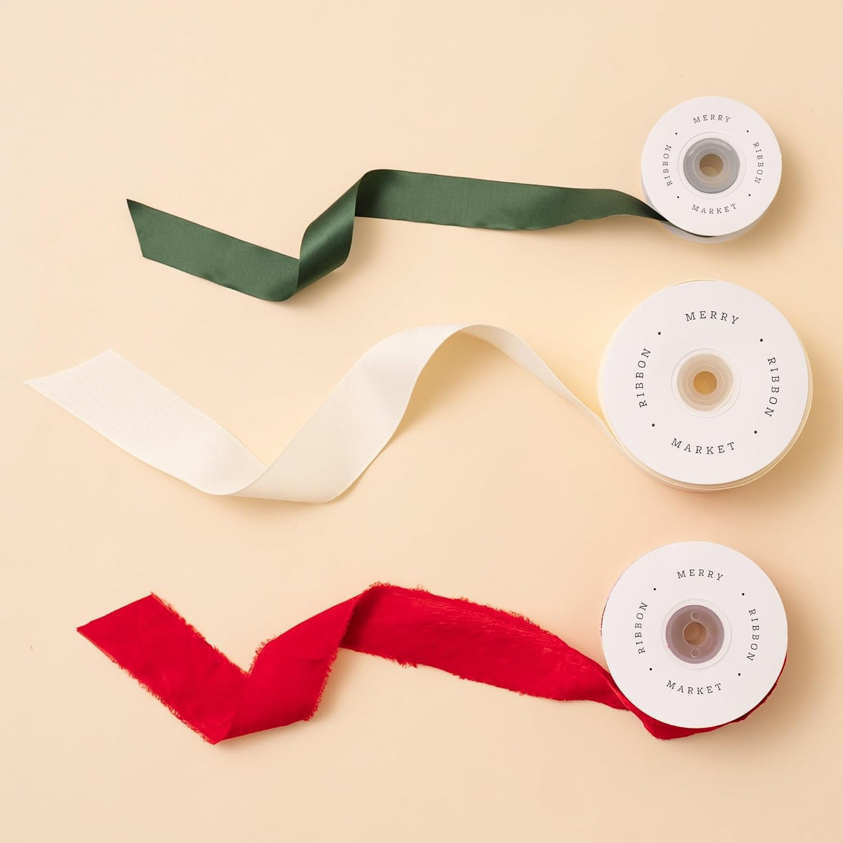 Christmas Gift Wrapping Ribbon Set, 3 Rolls, 60 Yards Total, Red Frayed Velvet, Green Satin & Cream Grosgrain Holiday Ribbons (Bundle 5) - view 3