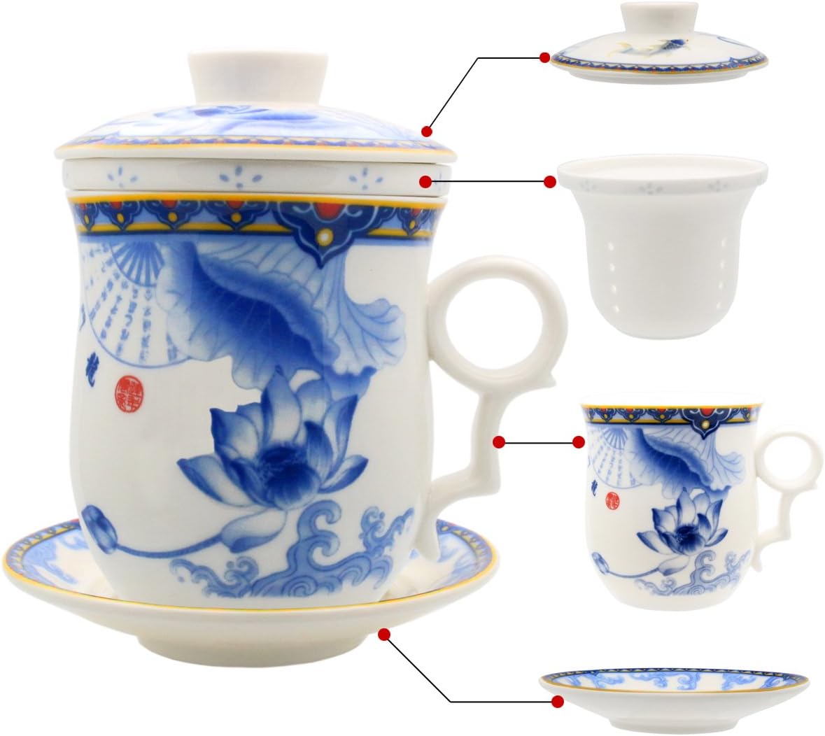Porcelain Tea Cup with Infuser Lid and Saucer Sets - Chinese Jingdezhen Ceramics Coffee Mug Teacup Loose Leaf Tea Brewing System for Home Office - view 8