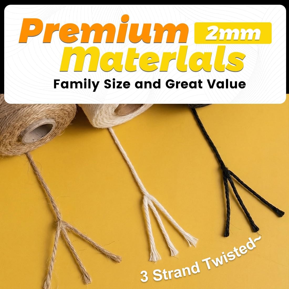 Twine String Natural Jute Twine & Cotton Twine Bundle - Bulk Packing Twine for Crafts, Gift Wrapping String, Gardening Twine, Home Decor (3 Rolls, 984ft, 2mm) - view 2