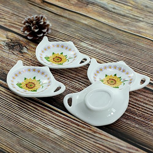 Floral Tea Bag Holder Tea Porcelain Accessories Teapot Shaped Tea Bag Coaster Resting Caddy Saucer 4 Inch/10cm-Sunflower and Daisy Pattern-Set of 10 - view 3