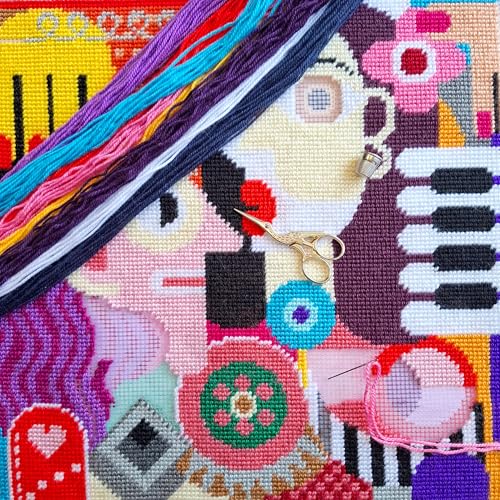 Abstract Stamped Cross-Stitch Kit for Adults and Beginners — Vivid Women in Abstract 16″ × 16″ with Clear, Precise Printed Design on Cotton Canvas; Includes 2 Needles, Yarn, and Easy-Read Chart - view 3