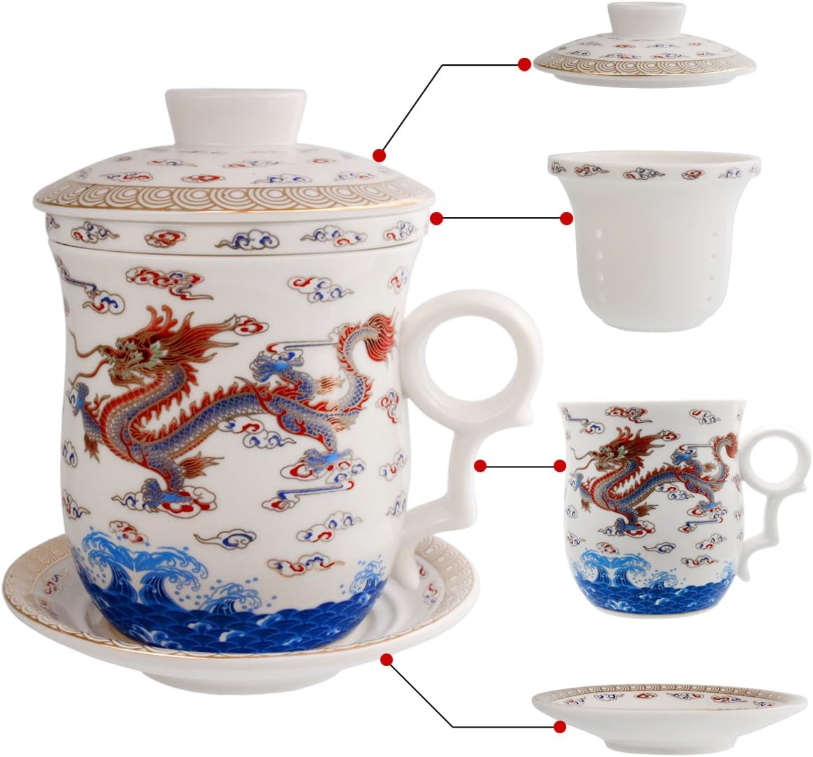 Porcelain Tea Cup with Infuser Lid and Saucer Sets - Chinese Jingdezhen Ceramics Coffee Mug Teacup Loose Leaf Tea Brewing System for Home Office - view 4