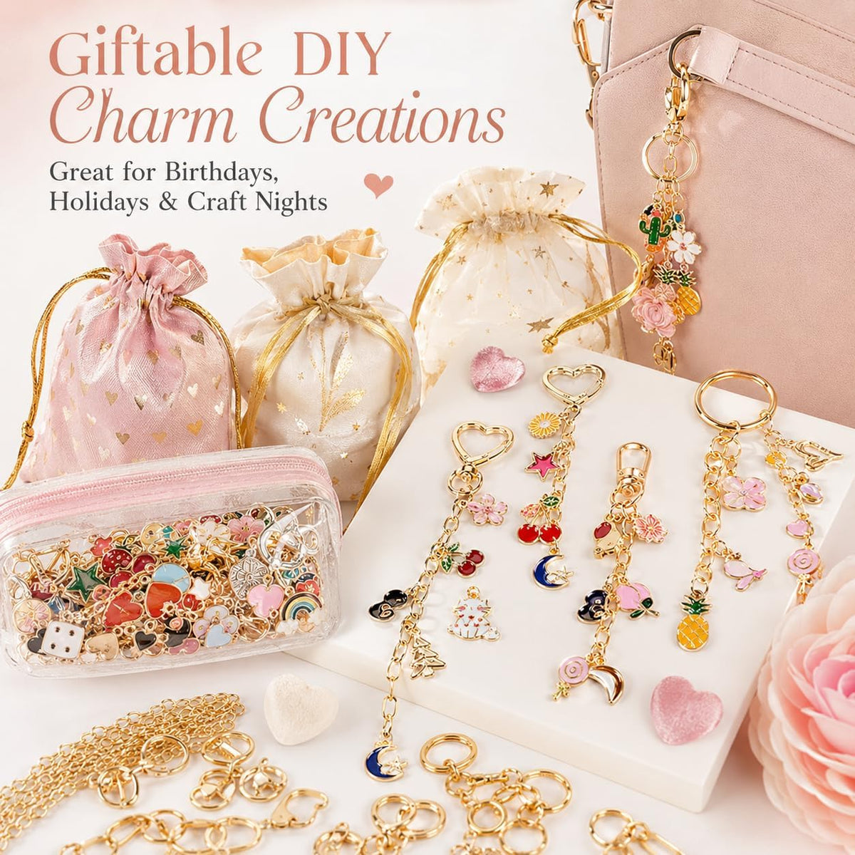 544-Piece Keychain Making Kit for Lip Gloss Holders & Bag Charms | 198 charms, 250 jump rings, clips, chains, jewelry pliers & opener, backpack charms, zipper pulls, party favors, craft nights - view 8